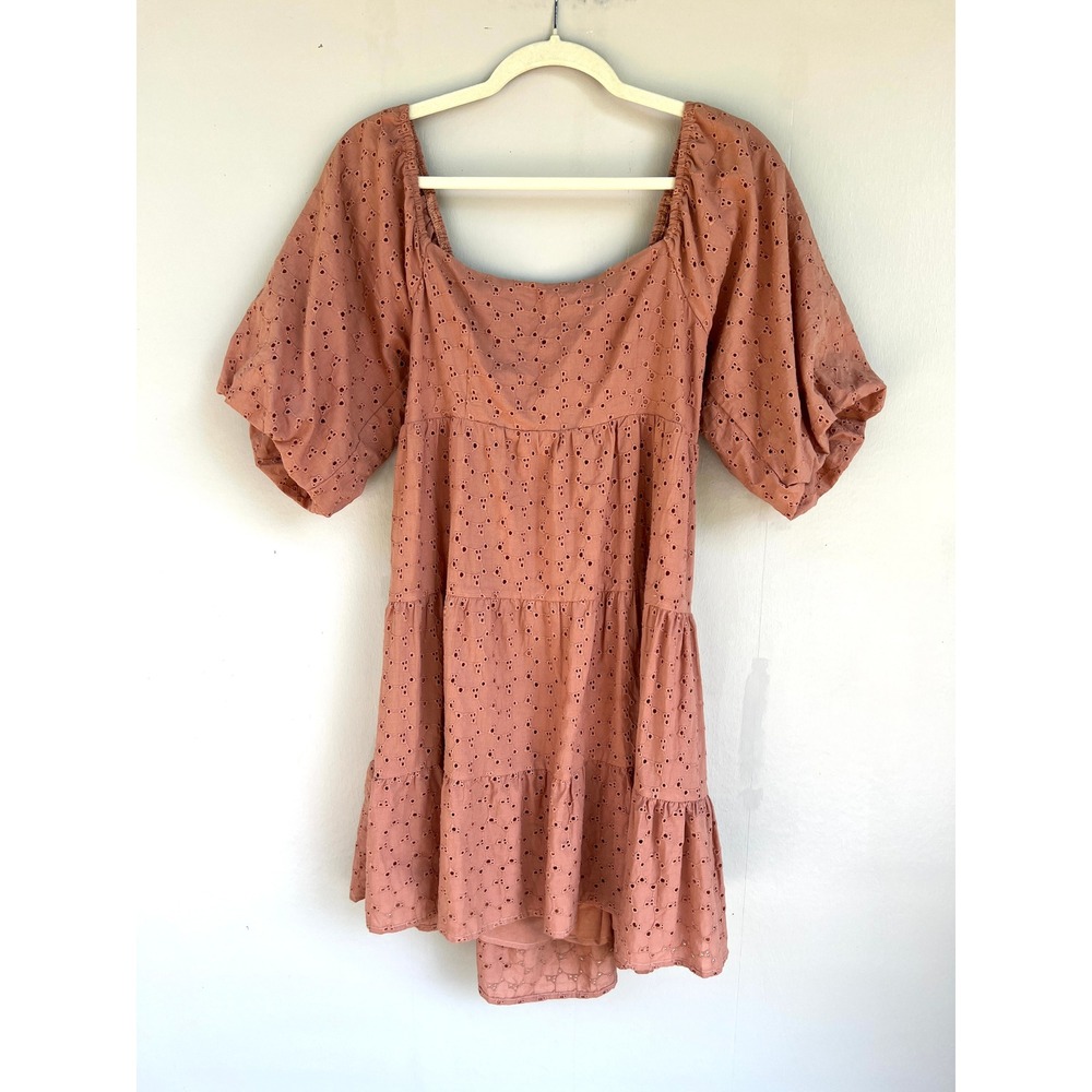 By Together Eyelet Tiered Dress L Square Neck Puff Sleeve Peasant Cottagecore